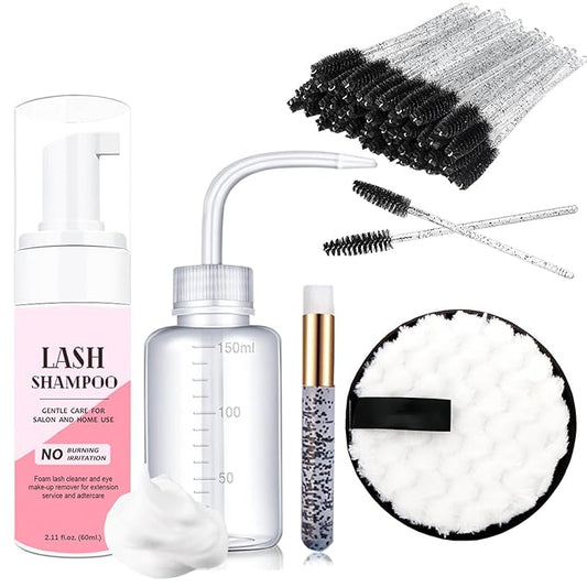 50ml Eyelash Extension Cleanser, Lash Shampoo for Lash Extensions 50pcs Eyelash Brush Cleaning Brush Makeup Remover Pad and Rinse Bottle for Lash Cleaning for Salon Home Use(Black