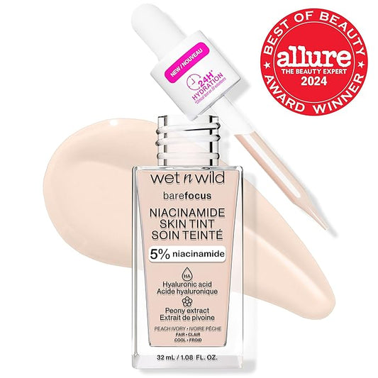 wet n wild Bare Focus Skin Tint, 5% Niacinamide Enriched, Buildable Sheer Lightweight Coverage, Natural Radiant Finish, Hyaluronic & Vitamin Hydration Boost, Cruelty-Free & Vegan - Peach Ivory