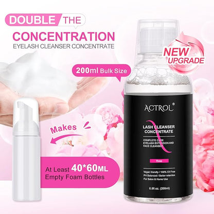 Eyelash Cleanser Concentrate 200ml Rose Professional Lash Shampoo Foaming Cleanser DIY Paraben & Sulfate Free Non-lrritating Wash for Extensions Lashes with Salon Home Care-Makes 40 Bottles