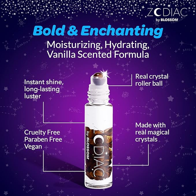 Blossom Lip Gloss Zodiac Sign Vanilla Scented Roll-On Lip Gloss, Moisturizing + Hydrating with Zodiac Crystals, Made in USA, 0.20oz, Capricorn