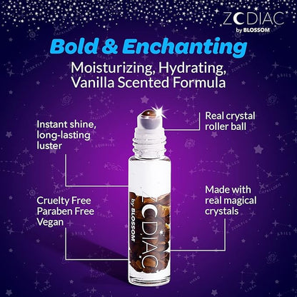 Blossom Lip Gloss Zodiac Sign Vanilla Scented Roll-On Lip Gloss, Moisturizing + Hydrating with Zodiac Crystals, Made in USA, 0.20oz, Capricorn