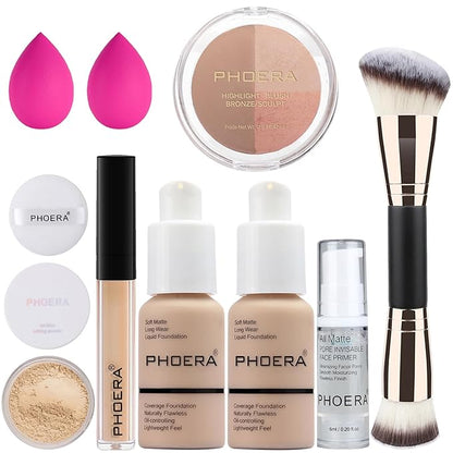 PHOERA Foundation, PHOERA Contour Palette,Shades with Highlighter & Bronzer & Blush,Up to 24 Hour Fresh Wear,PHOERA Concealer Primer Powder (102+ #002 Contour/Nude+#002)