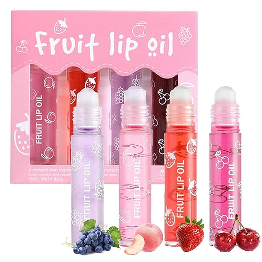 4PCS Roll On Lip Oil Set, Moisturizing Transparent Lip Glow Oil, Fruit Flavored Hydrating Roll On Plumping Lip Gloss Glossy Set, Long Lasting Non-sticky Shiny Lip Oil Makeup Gift Kit