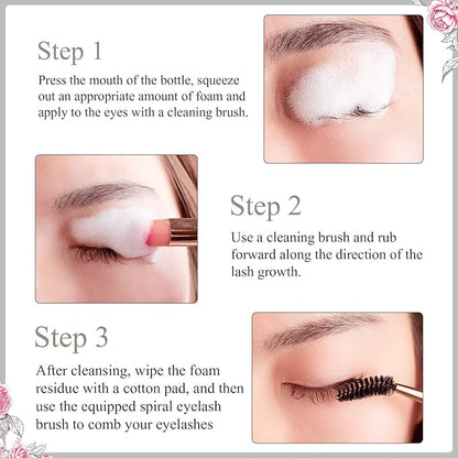 BREYLEE Eyelash Cleanser, Shampoo Foam & Brushes Eyelid Cleanser for Makeup Remover Paraben & Sulfate Free for Salon and Home Use(60ml, 2 fl oz)