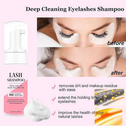 50ml Eyelash Extension Cleanser, Lash Shampoo for Lash Extensions 50pcs Eyelash Brush Cleaning Brush Makeup Remover Pad and Rinse Bottle for Lash Cleaning for Salon Home Use(Black