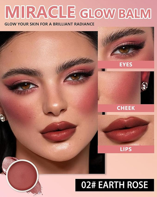 Miracle Glow Balm - Hydrating Tinted Cream Blush, Multi-Use Glow Face Balm Makeup for Cheek & Eye & Lip Tint, Creamy Lightweight Blendable Shimmer Blusher, Radiant Skin Finish, 02# Earth Rose