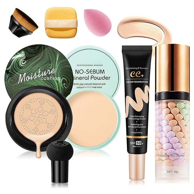 7PCS Mushroom Head Air Cushion CC Cream Foundation,Natural BB Cream Foundation Makeup,Moisturizing One Step Color Corrector,Loose Setting Powder Set with Makeup Sponges C