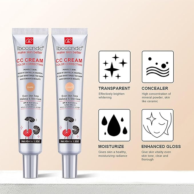 Hydrating CC Cream Foundation with Centella Asiatica - Multi-Purpose Pre-Makeup Primer Moisturizing Facial Concealer Sunscreen Full-Coverage CC Cream with SPF 25 (01)