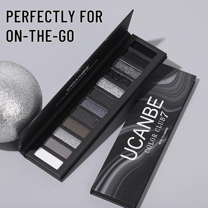 UCANBE Smokey Eyeshadow Palette, Dark Black White Gray Silver Natural Nude Matte Shimmer Eye Shadow Pallet for Smoky Emo Goth Makeup, 12 Color High Pigmented Long Lasting Waterproof Pallete with Brush