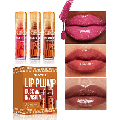 3 Colors Duck Lip Plumper Gloss, Korean Glitter Gloss for Fuller Lips | Hydrating, Non-Sticky Tinted Lip Balm Set (Set B)