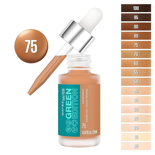 Maybelline Green Edition Superdrop Tinted Oil Base Makeup, Adjustable Natural Coverage Foundation Formulated With Jojoba & Marula Oil, 75, 1 Count