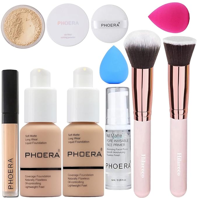 PHOERA Foundation,PHOERA Concealer,PHOERA Makeup Foundation Full Coverage Up to 24 Hour Fresh Wear with Matte Finish,PHOERA Primer,PHOERA Powder (103 Warm peach+104 Buff Beige)