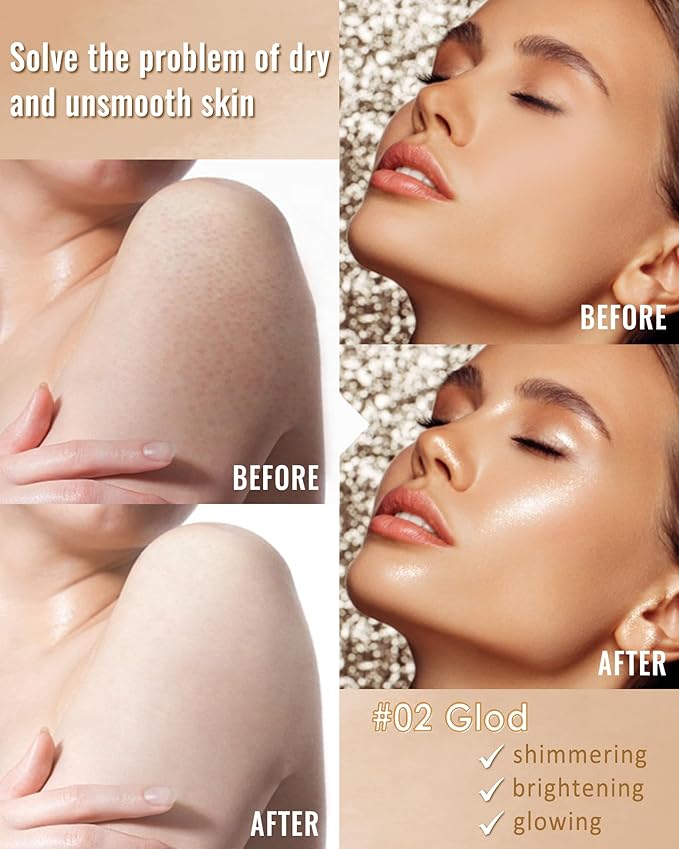 Body Shimmer Glow Oil, Waterproof Long Lasting Face Brighten Gold Luminizer, Moisturizing Hydrating Body Liquid Illuminator Highlighter Women Makeup, Shiny Diamond Face Glitter for Festive Party#02