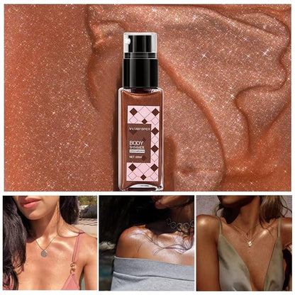 Body Glow Shimmer Body Oil, Shimmering Body Oil Lotion Glitter for Skin Body Highlighter Liquid Luminizer, Natural Body Shimmer Oil Gold Brown Moisturizing Waterproof Women Men Makeup (60ml/2 oz)