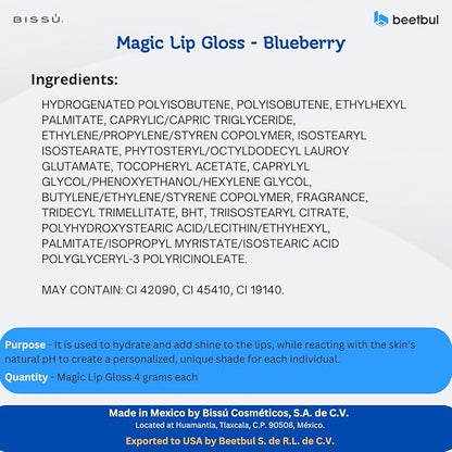 Bissú Magic Lip Gloss, 6 Fruity Scents, Moisturizing pH Reactive Gloss, with drop-shaped applicator and large size (01 Blueberry, 4 Grams)