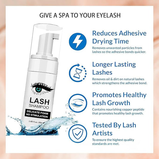 60ml Lash Shampoo - Lash Cleaning Shampoo Kits, Shampoo for Lash Extension & Home Salon Care, 50Pcs Mascara Brushes+ Nose Brush+Rinse Wash Bottle+Spa HeadWand, Lash Mousse for Eyelash Cleansing