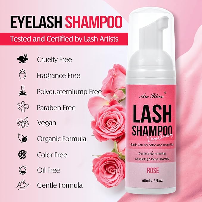 Lash Shampoo for Lash Extensions 60 Ml/2fl.oz Eyelash Extension Cleanser Oil Free Lash Cleanser for Eyelash Care, Gentle Foaming Eyelash Shampoo with Brush for Salon Home Care (Rose 60ml)