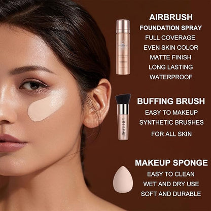 AirBrush Foundation Spray, Liquid Foundation Makeup Set, Full-Coverage Foundation Mist for Color Correcting,Concealer, Flawless Look, Matte Finish,Include Brush and Sponge,2.28oz (#5 Warm Honey)