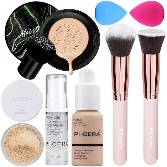 PHOERA Air Cushion CC Cream Natural Foundation, Primer, Powder, Foundation Brush, 2 Makeup Sponge (102Nude + 02Natural CC)