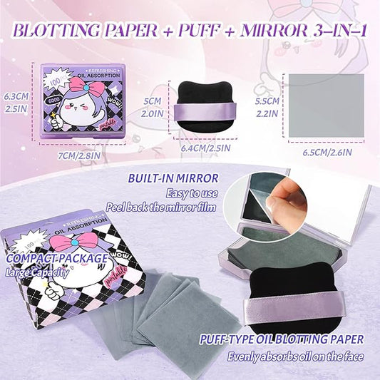 BOROLA 3-in-1 Cute Girl Bamboo Charcoal Oil Blotting Paper Set for Face 100 Sheets Oil Absorbing Sheet with Portable Mirror & Adhesive Makeup Puff, Blotting Paper for Oily Skin, Design for Men & Women