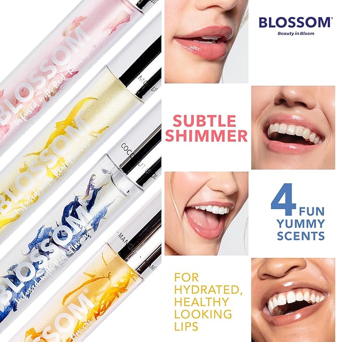 Blossom Lip Oil with Olive Oil + Grape Seed Oil, Moisturizing and Hydrating Shimmer Sparkle, Infused with Real Flowers, 6g, Holiday Stocking Stuffer, 2 pack, Coconut/Watermelon