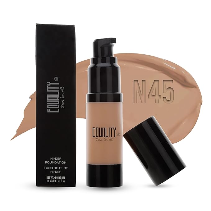 EQUALITY HI-DEF Foundation, Water resistant, Medium to Full coverage, Dewy finish non-matt, 12 hour wear Shine control, Cruelty Free, Paraben Free, 18ml/0.61 US Fl Oz - N45