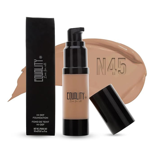 EQUALITY HI-DEF Foundation, Water resistant, Medium to Full coverage, Dewy finish non-matt, 12 hour wear Shine control, Cruelty Free, Paraben Free, 18ml/0.61 US Fl Oz - N45