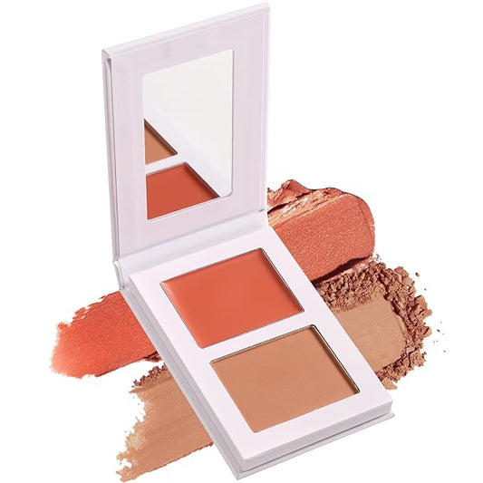 Coral Blush Cream Duo for Cheeks, Highly Pigmented Dewy Finish, Natural Looking, Peach Face Flushed Blusher with Mirror, Long Lasting Glowy Sunset Orange, Vegan Talc Free (07#)