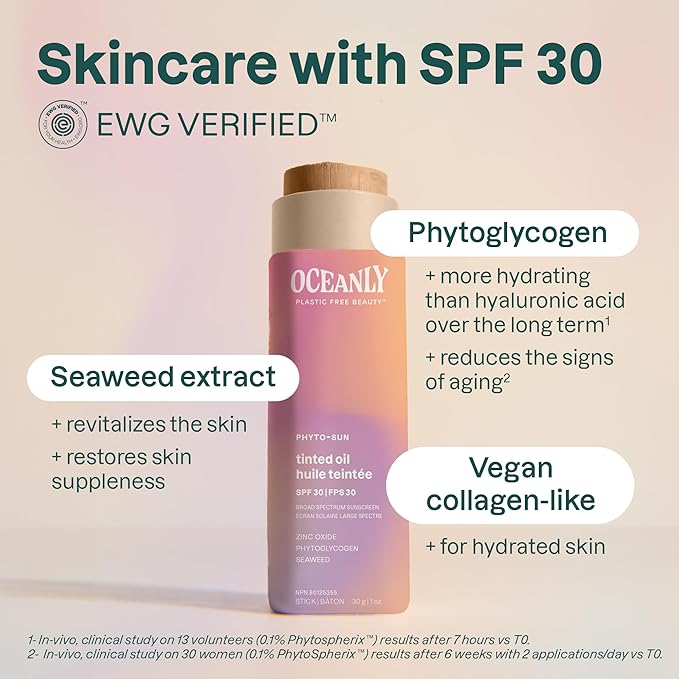 ATTITUDE Oceanly Tinted Oil Stick with SPF 30, EWG Verified, Plastic-Free, Broad Spectrum UVA/UVB Protection with Zinc Oxide, Universal Tint, Unscented, 1 Ounce