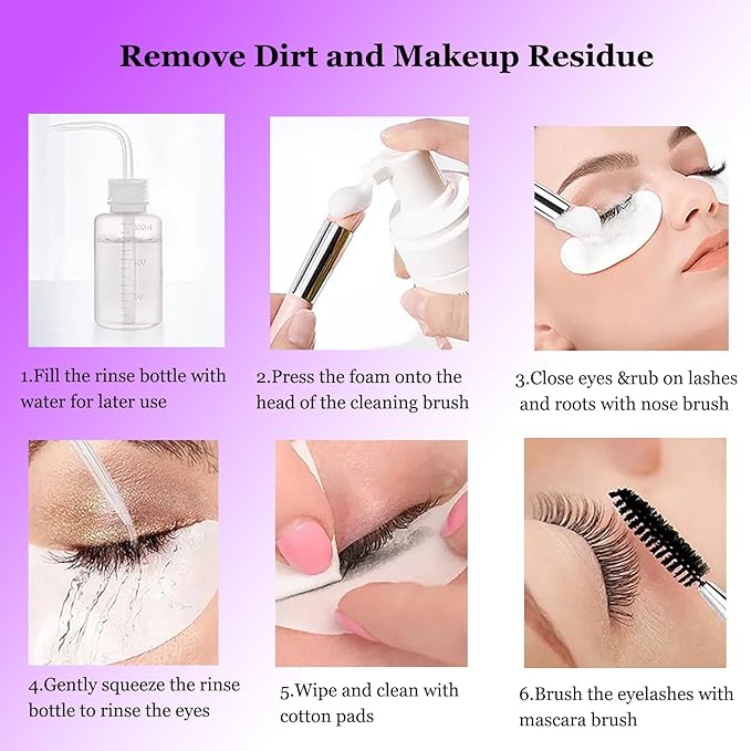 Eyelash Cleanser for Extensions, Lash Shampoo Kit with Lash Fan, 60ml Lash Shampoo,Cleaning Brush and Wash Bottle for Lash Bath(purple)