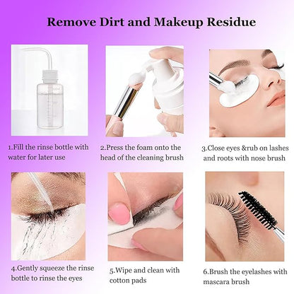 Eyelash Cleanser for Extensions, Lash Shampoo Kit with Lash Fan, 60ml Lash Shampoo,Cleaning Brush and Wash Bottle for Lash Bath(purple)