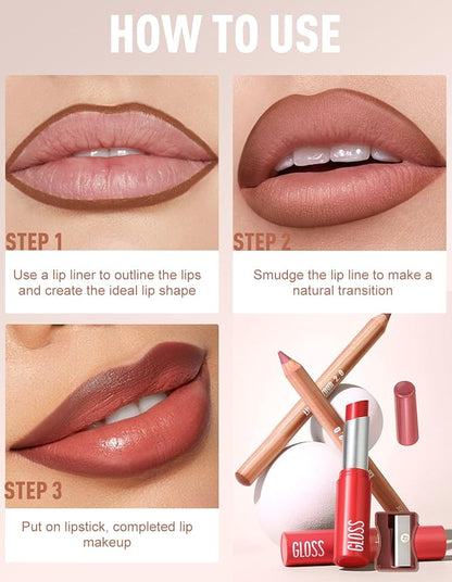 2 Pcs Lipstick and Lip Liner Set Hydrating Lip Tint Non-Sticky Lightweight Lip Balm Plumping Lip Kit for Women Matte Lip Pencil Long Lasting Gradient Glossy Lip Combo with Sharpener, 05