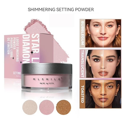 Glitter Loose Setting Powder - Translucent, Long-lasting, Lightweight, and Waterproof for Dark Skin Flawless Daily Oil Control Makeup, 0.21 Oz (Toasted Almond, 1pc)