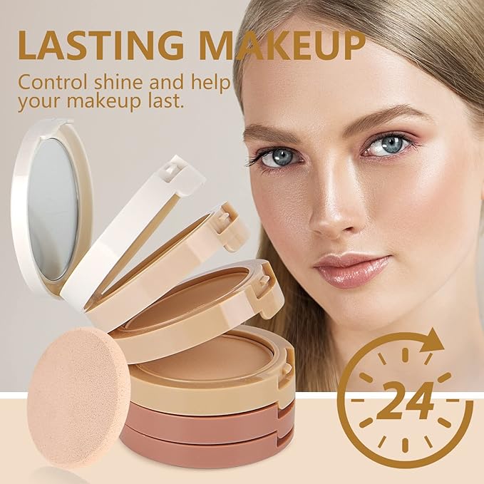 5 Colors Long-Lasting Lightweight Multi-layer Matte Loose Setting Powder Pressed Face Makeup Concealing Shading Powder Foundation for All Skin Tones, Minimizes Fine Lines & Imperfections