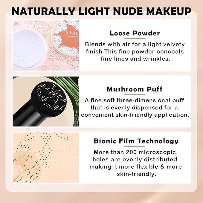 CAHIUYOA 2PCS Mushroom Head Air Cushion CC Cream Foundation Pink Setting Powder Loose Powder Makeup Set Long Lasting Oil Control Loose Setting Powder Moisturizing BB Cream Full Coverage Foundation