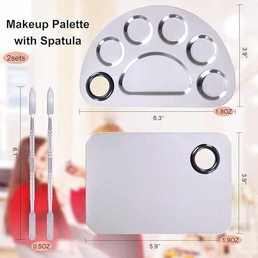 Stainless Steel Metal Makeup Palette with Spatula Artist Tool for Mixing Foundation Nail-Art, Cosmetic Makeup Palette, Makeup Plate, 6×4"/Silver/2pcs