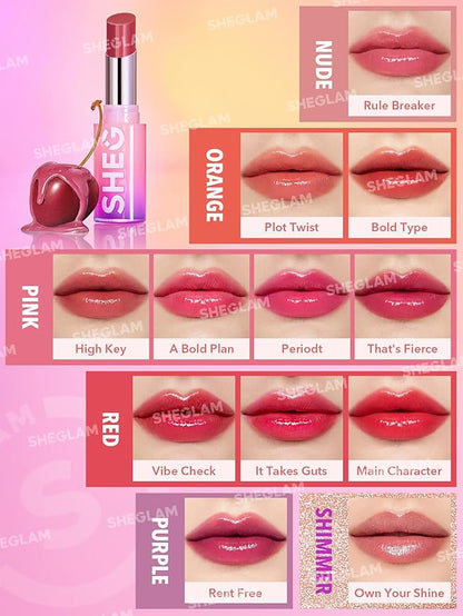 SHEGLAM Mirror Kiss High-Shine Lipstick Silky Jelly Texture Hydrated&Smooth Lip Gloss-Rent Free