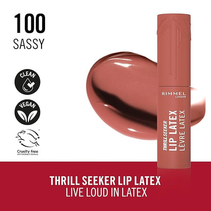Rimmel Thrill Seeker Lip Latex, 100 Sassy, Liquid Lipstick, Lipgloss, Lip Colour, Hyaluronic Lipstick, Lip Stain, Smooth Shine, Hydration, Hyaluronic Acid, Vitamin E, Aloe Vera, 0.2oz
