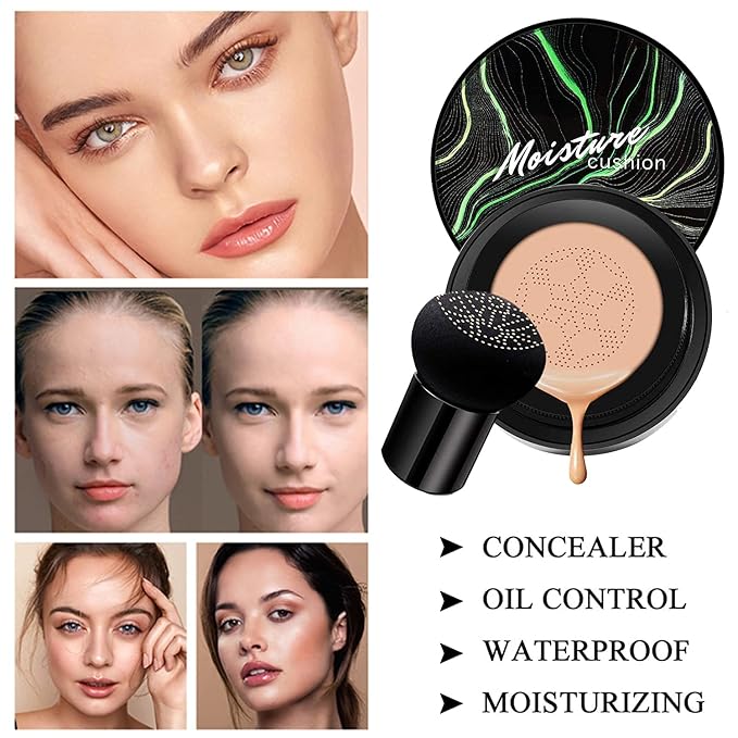 Mushroom Head Air Cushion CC Cream Nature Foundation, Moisturizing BB Cream, Long Lasting Matte Concealer, Bright Makeup Base with Mushroom Makeup Sponge (#05 Sand)