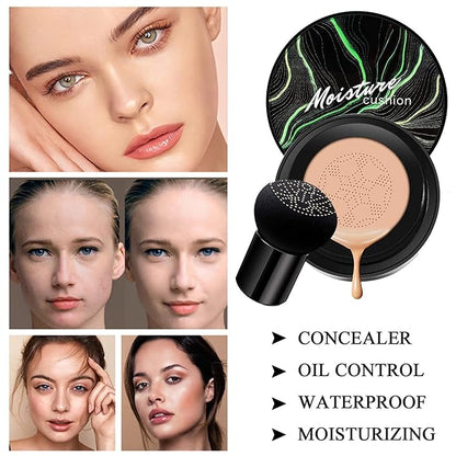 2 PCS Mushroom Head Air Cushion CC Cream Nature Foundation,Foundation Brush Powder Brush,Moisturizing Concealer, Bright Makeup Base Long Lasting (#02 Natural+#03 Warm Nude)