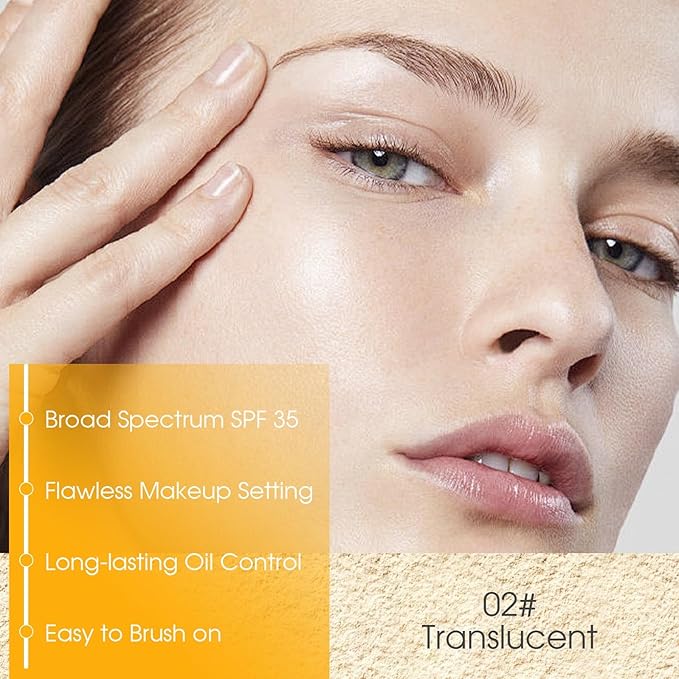 2PCS Mineral Powder Sunscreen Setting Makeup - SPF 35 Brush On Sunscreen for Face & Scalp & Hair, Natural Matte Loose Finishing Powder, Oil Control Lightweight Breathable (#02 Translucent)