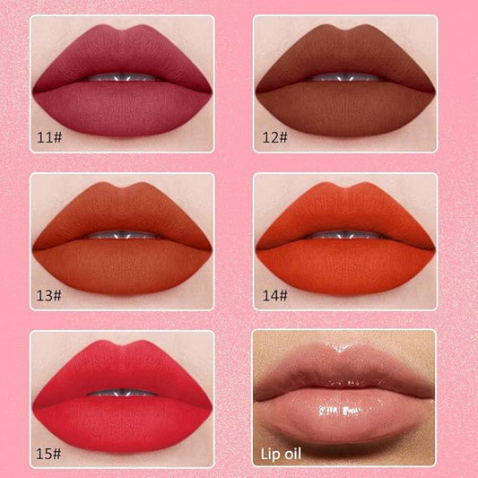 5Pcs Matte Velvet Liquid Lip Gloss Set, Liquid Lip Sticks + 1Pcs Lip Oil Set, Red Lipstick Collection, Rich Colors Long-Lasting Wear Not Fade Waterproof Lip Stain for All Skin Types (set3