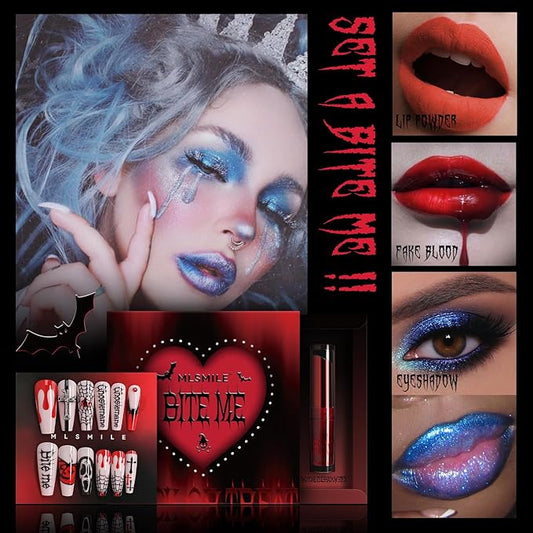 Halloween Makeup Kit,Halloween Press On Nail With Tools,SFX Make up Set Fake Blood Cream,Powder Lipstick,two-tone eyeshadow,2024 New Halloween Party Supplies