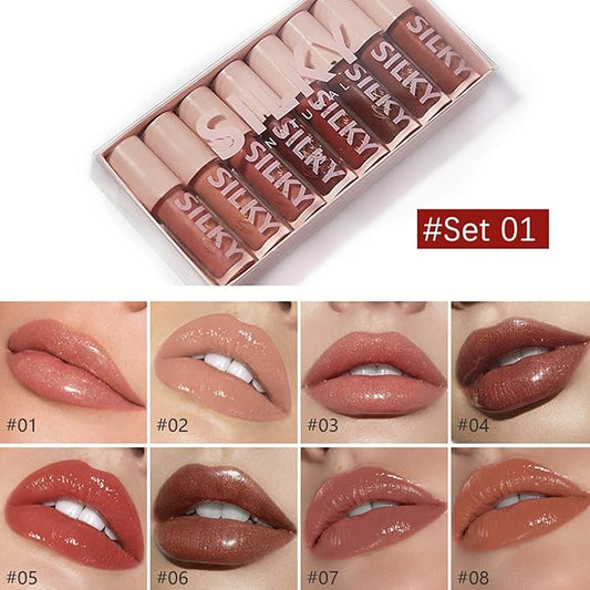 MAEPEOR Shiny Glossy Lipgloss Set 8PCS Non-Sticky Moisturizing Lip Gloss Long-lasting High Shine & Shimmer Liquid Lipstick for Girls and Women (Shiny Glossy, Set 01)