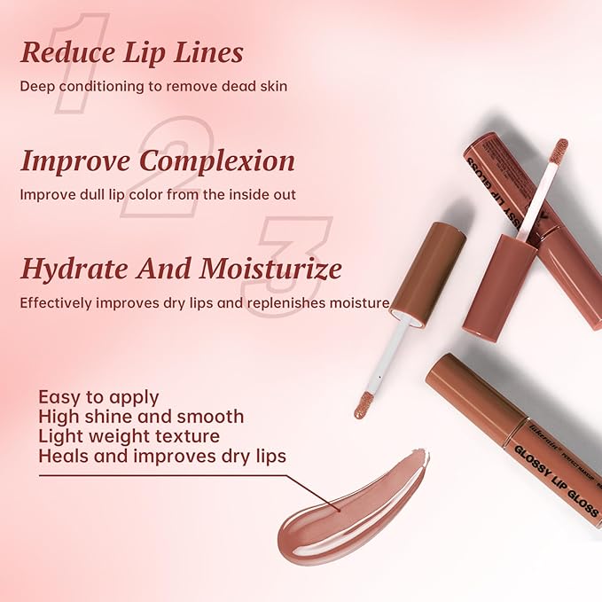 2 Colors Nourishing Lip Gloss Brown Lip Liner Combo, Hydration Plumping Lip Glow Oil Set for Women, Moisturizing Lightweight Long Lasting High Shine Lip Tint, Mini Liquid Lipstick Makeup Kit