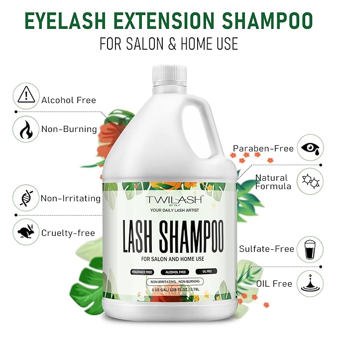 Lash Shampoo Bulk, Eyelash Cleanser for Extensions 1 Gallon / 3.8L - Includes 50 Aftercare Kits, 5 Foam Pump Bottles, Dispenser Pump - Eyelid Foaming Cleanser for Professional Salon and Home Use