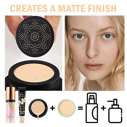 7PCS Mushroom Head Air Cushion CC Cream Foundation,Natural BB Cream Foundation Makeup,Moisturizing One Step Color Corrector,Loose Setting Powder Set with Makeup Sponges C