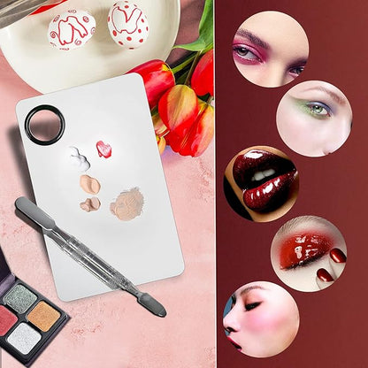 Stainless Steel Makeup Mixing Palette - 2Pcs, Includes Spatula, For Foundation/Eye Shadow/Mascara/Nail Polish/Pigment/Nail Art