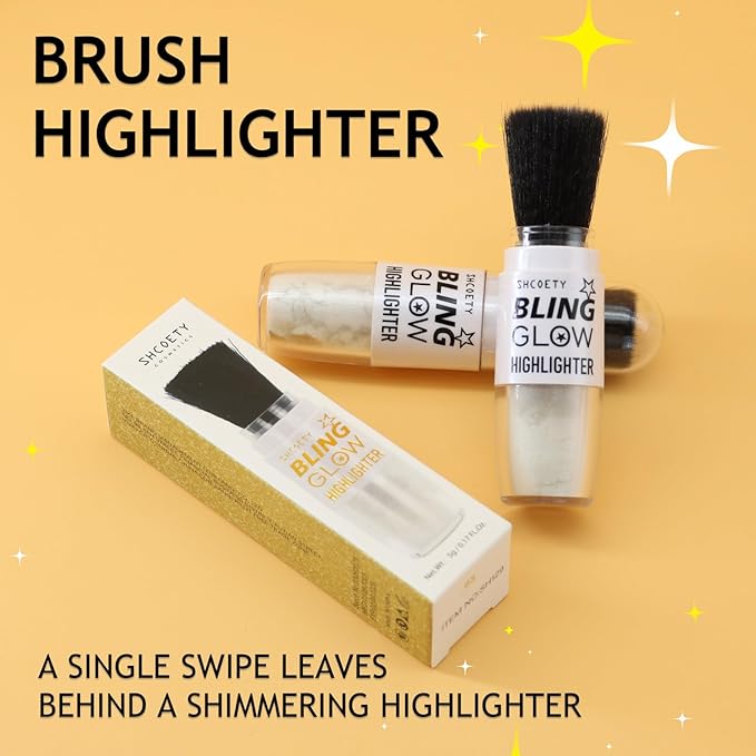 Face Highlighter Powder Stick, Pearl White Shimmer Glitter Loose Powder Brush Stick, Contouring Brighten Patting Powder Makeup for Face Body Cheeks, Longlasting Glow Highlighters Makeup