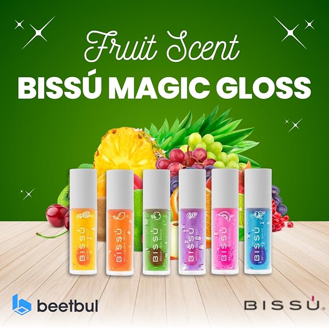 Bissú Magic Lip Gloss, 6 Fruity Scents, Moisturizing pH Reactive Gloss, with drop-shaped applicator and large size (05 Grape, 4 Grams)